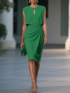 Purplish Blue Ruched Cut Out Classic Crew Neck Cap Sleeve Sheath Midi Dress