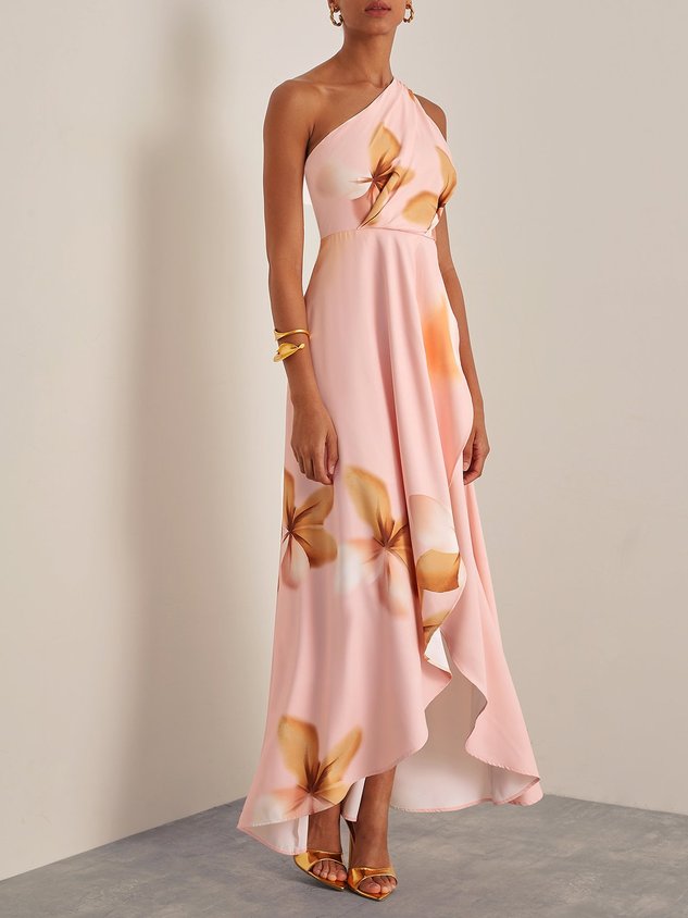 Light Blue Asymmetric Floral Classic One Shoulder Sleeveless A-Line Maxi Dress