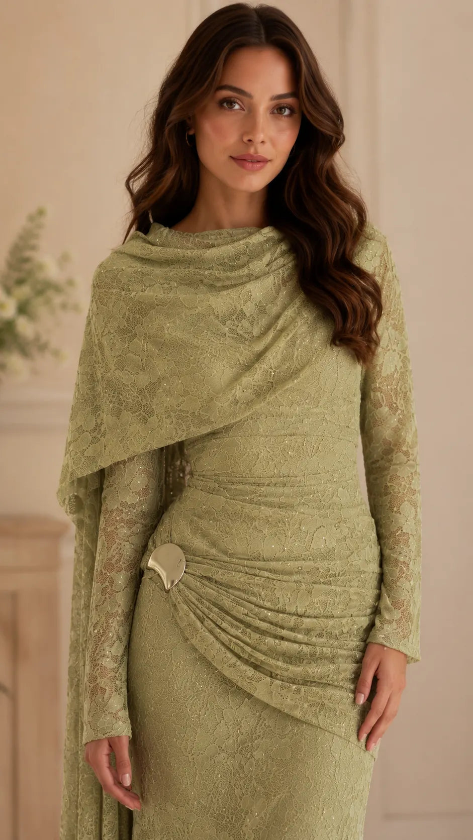 Beaded Lace Draped Cape Mermaid Gown