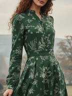 Maxi Linen Dress, Long Sleeves, V Neck, Floral, Button Design, Vintage, Dark Green