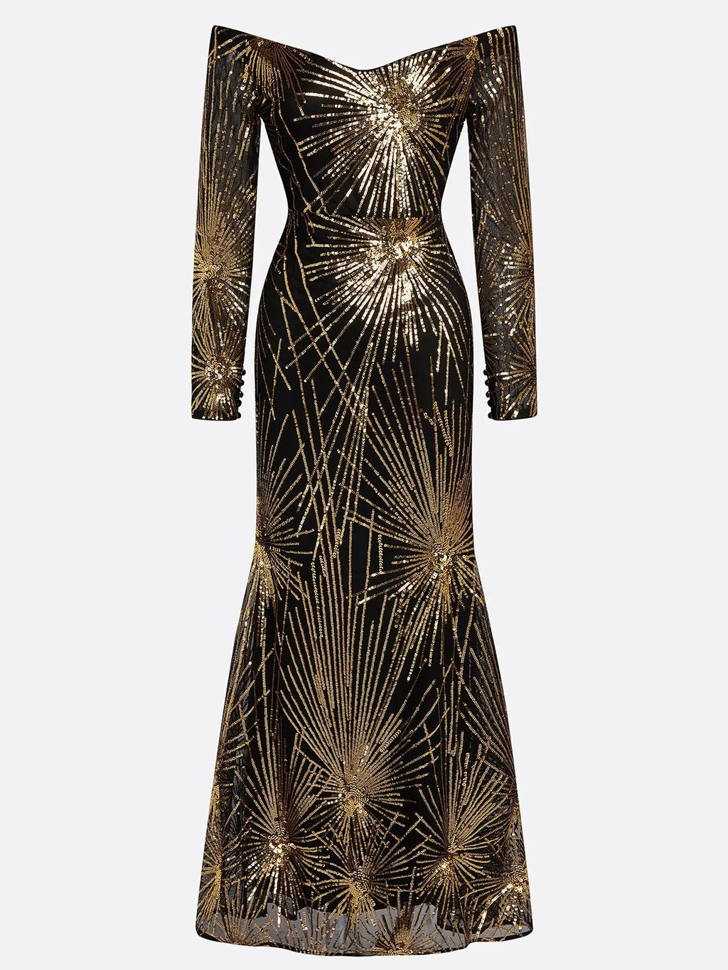 Golden-Black Off The Shoulder Gown Mermaid Sequin Dress