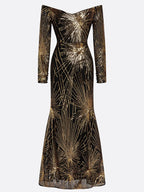 Golden-Black Off The Shoulder Gown Mermaid Sequin Dress