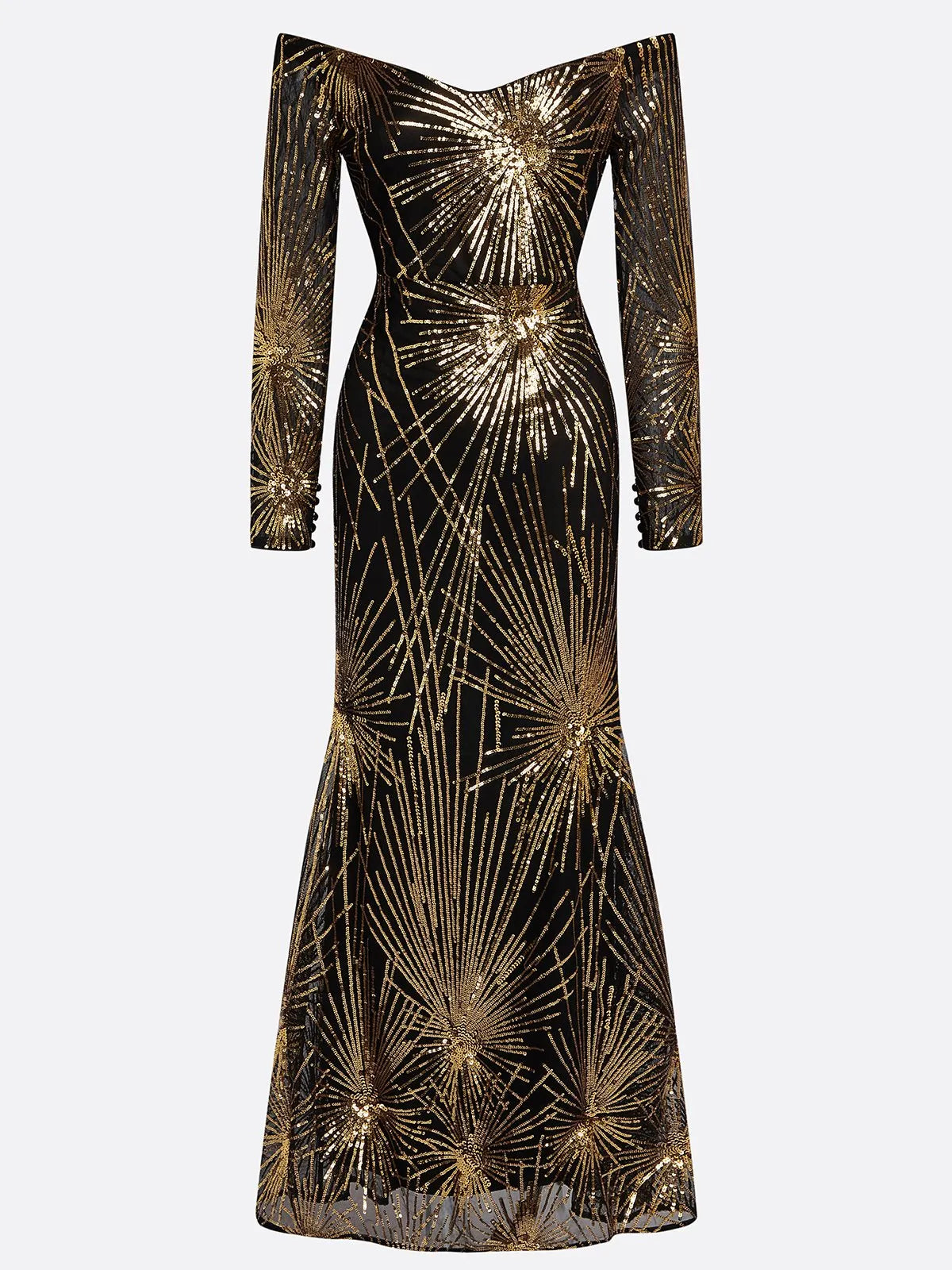 Golden-Black Off The Shoulder Gown Mermaid Sequin Dress