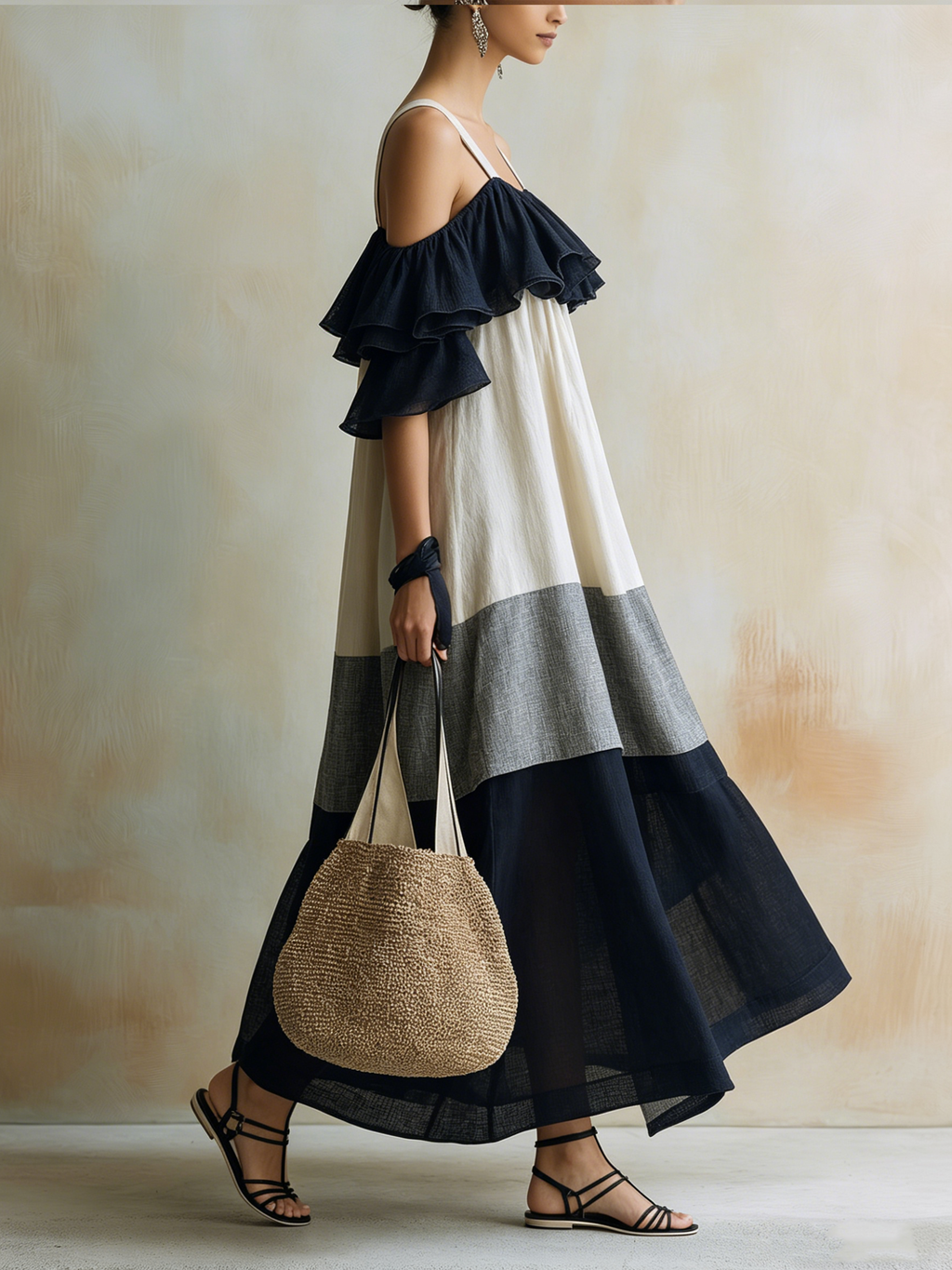 Cold Shoulder Ruffle Tiered Linen Maxi Dress | Color Block Boho Summer Gown