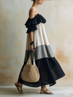 Cold Shoulder Ruffle Tiered Linen Maxi Dress | Color Block Boho Summer Gown
