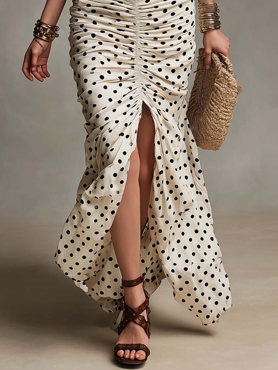Vintage Lace Corset Polka Dot Ruched Midi Dress
