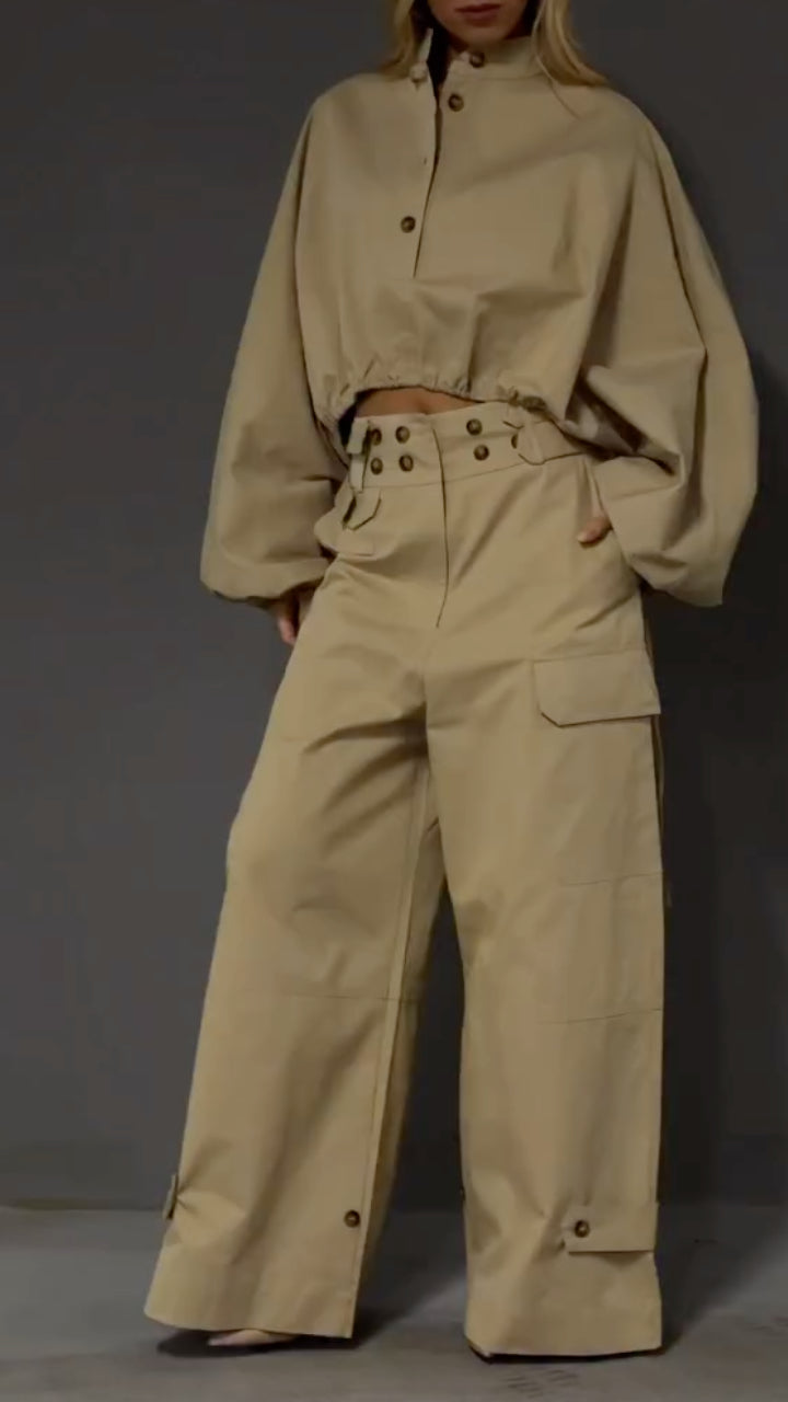 Khaki Workwear Style Cropped Top & Wide-Leg Pants Set