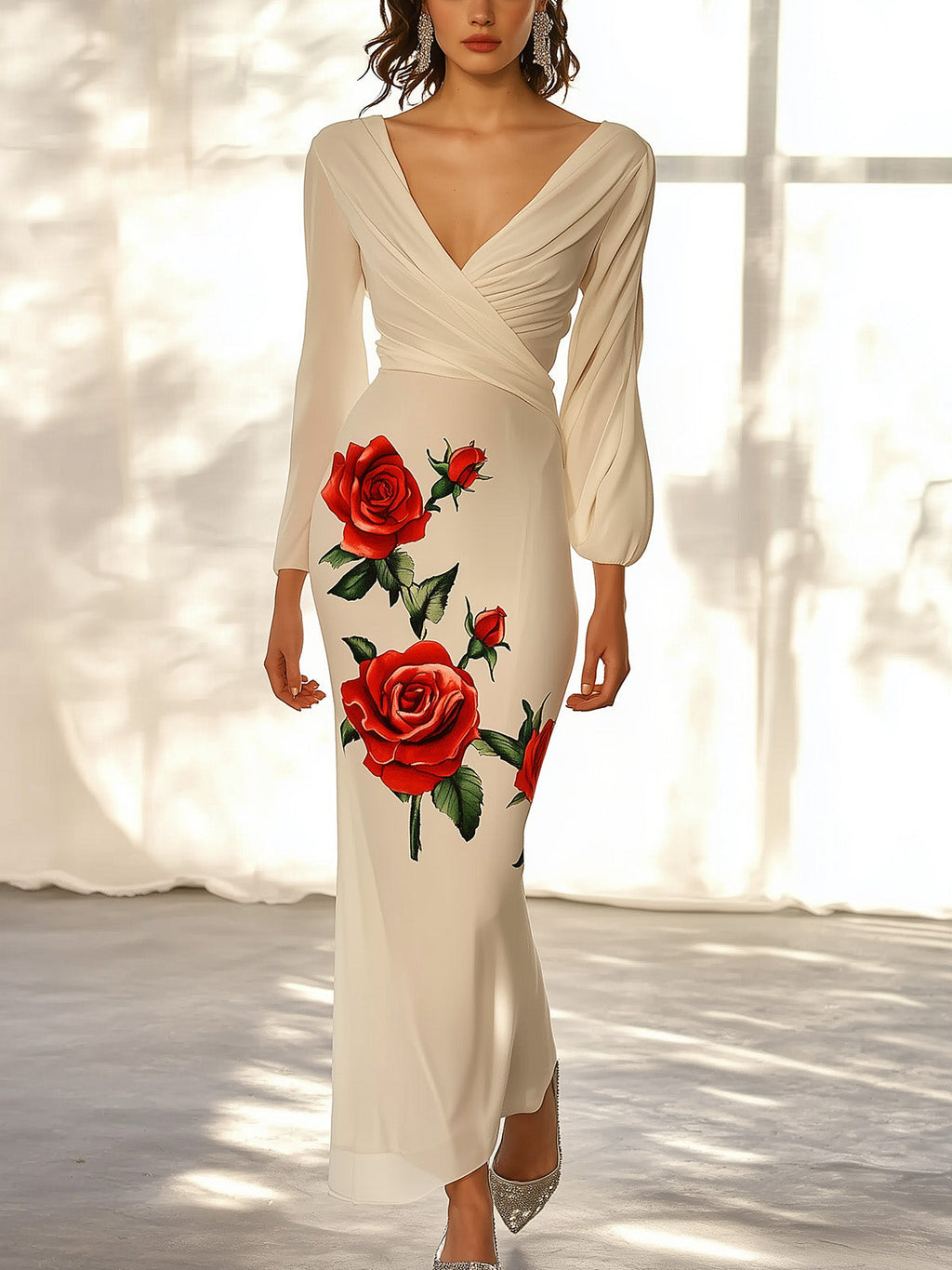 Elegant White Chiffon Dress with Side Rose Print