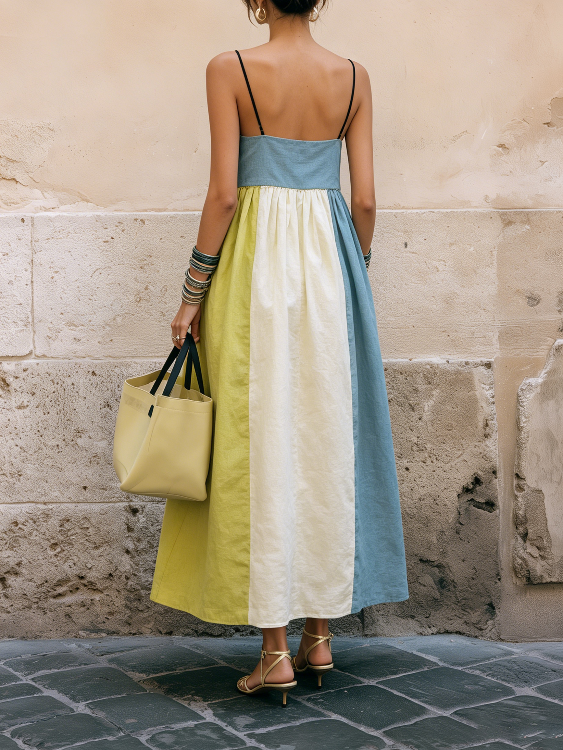 Color-Block Linen-Blend Strapless Midi Dress