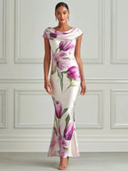 Elegant Floral Cowl-Neck Mermaid Dress
