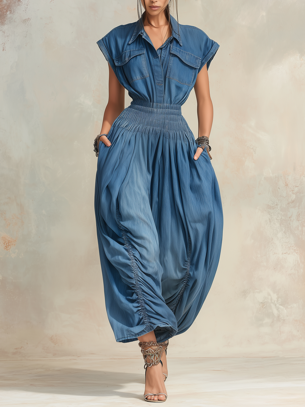 Blue Denim Smocked Waist Ruched Harem Jumpsuit