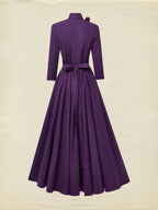 Maxi Cotton Dress, Half Sleeve, Turtleneck, Plain, Button Design, Vintage, Deep Purple, Halloween