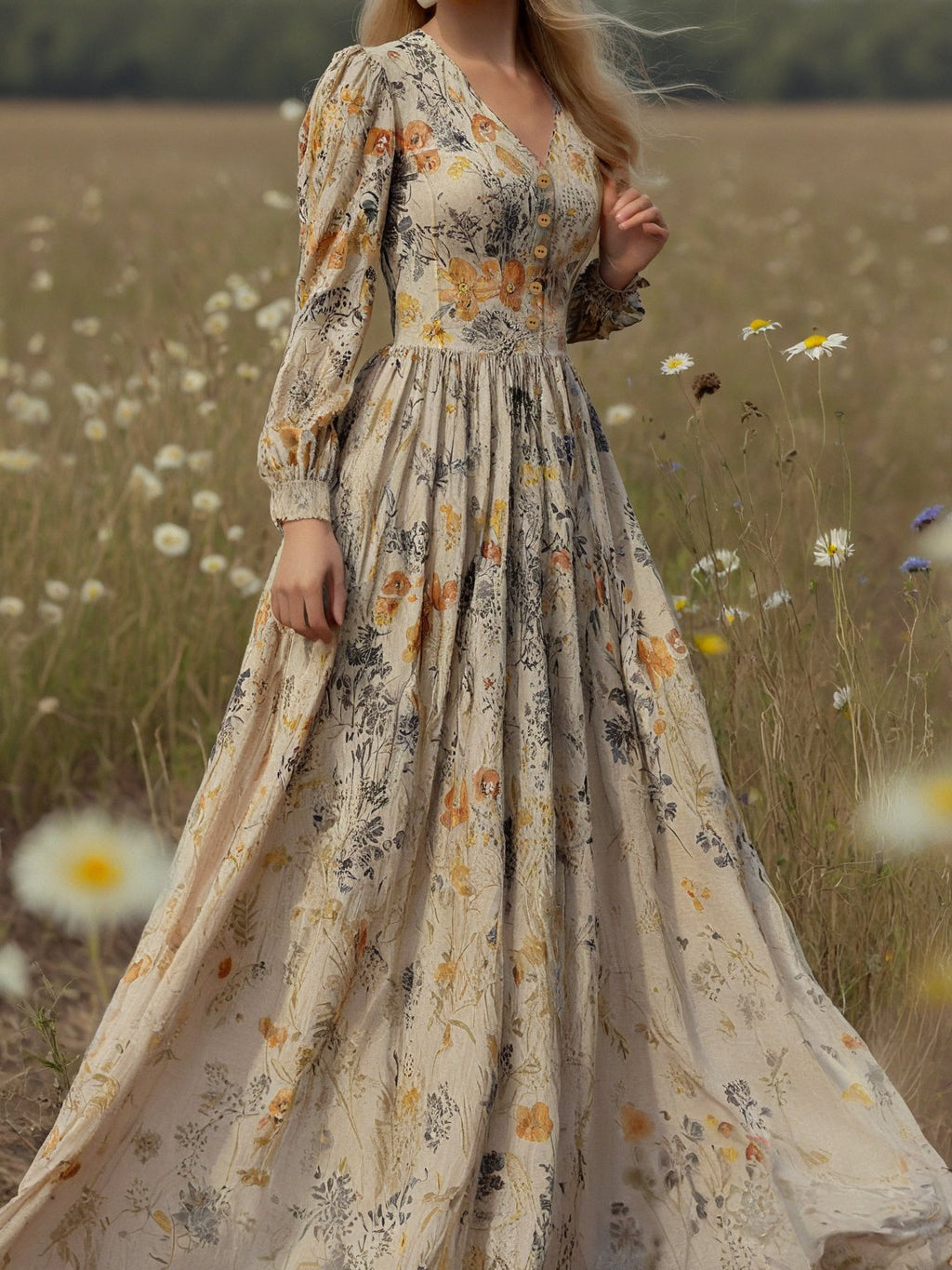 Linen Maxi Dress, Long Sleeves, V Neck, Floral, Apricot,Daily
