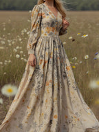 Linen Maxi Dress, Long Sleeves, V Neck, Floral, Apricot,Daily