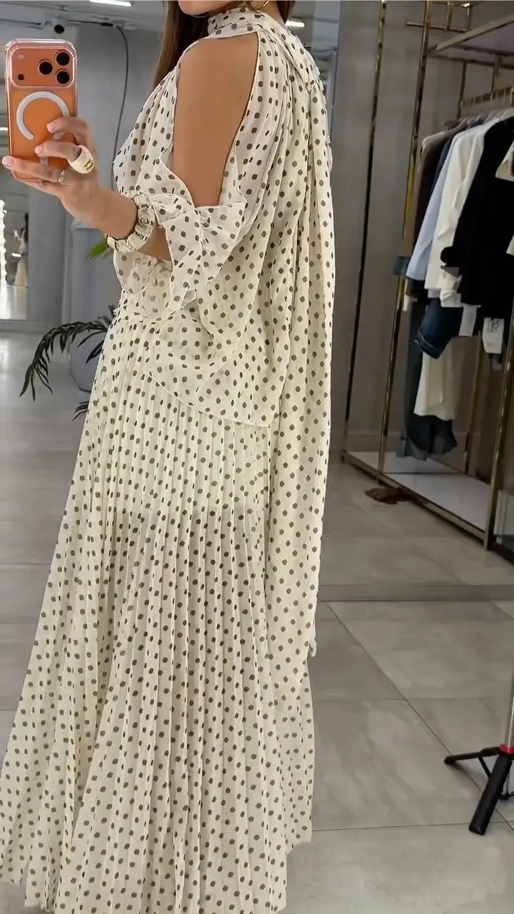 Polka Dot Halter Crop Top & Pleated Maxi Skirt Set