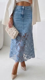 Light Wash Denim Floral Lace Midi Skirt