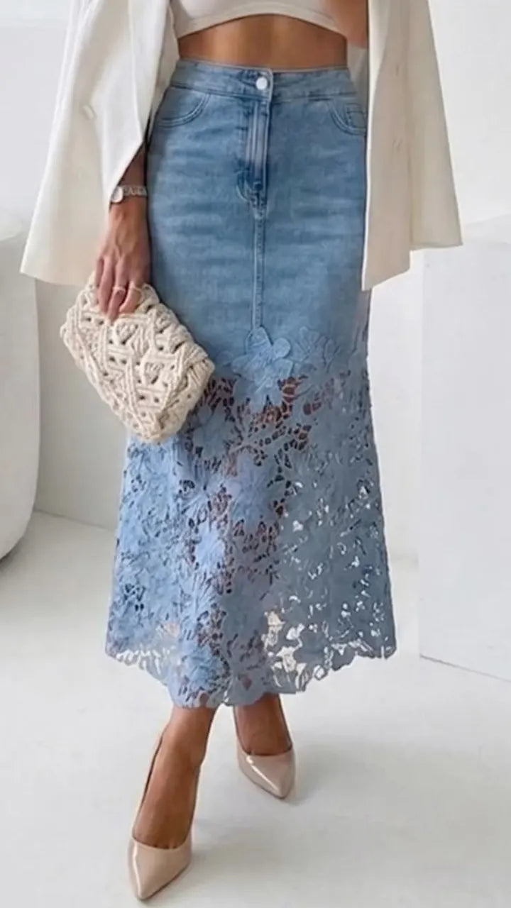 Light Wash Denim Floral Lace Midi Skirt