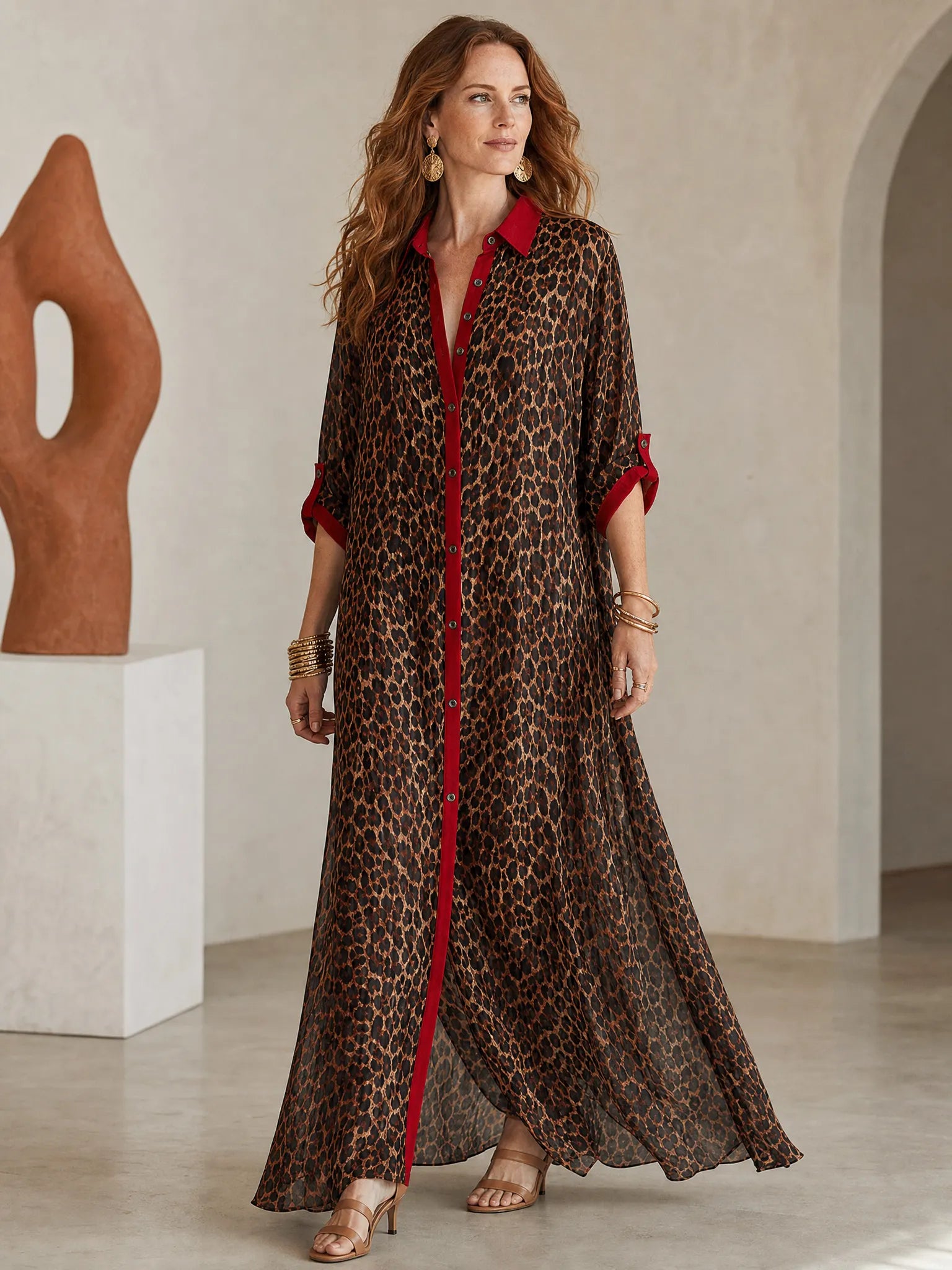 Effortless Glam Sheer Leopard Deep-V Belted Brown Shirt Maxi Dress