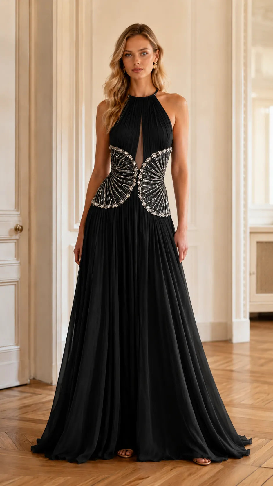Taupe Halter Beaded Pleated Tulle Gown