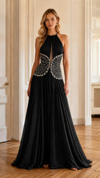 Taupe Halter Beaded Pleated Tulle Gown