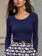 Linen-Cotton Blend Knit, Long Sleeves, Round Neck, Plain, Purplish Blue