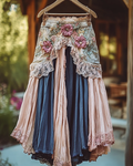 Summer ruffled cotton and linen patchwork contrast color skirt 1590