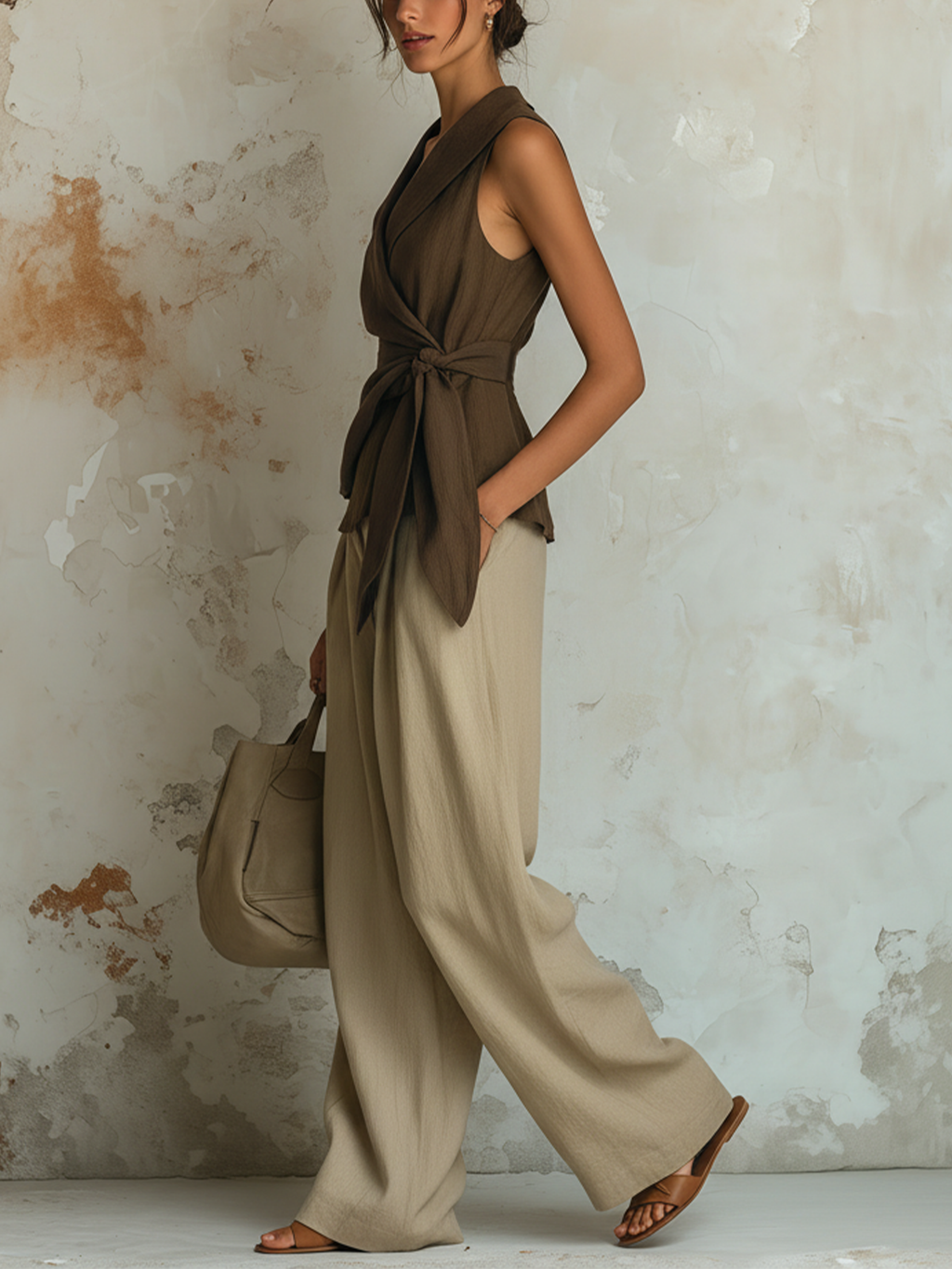 Linen-Blend Wrap Vest & High-Waist Wide-Leg Pants Set