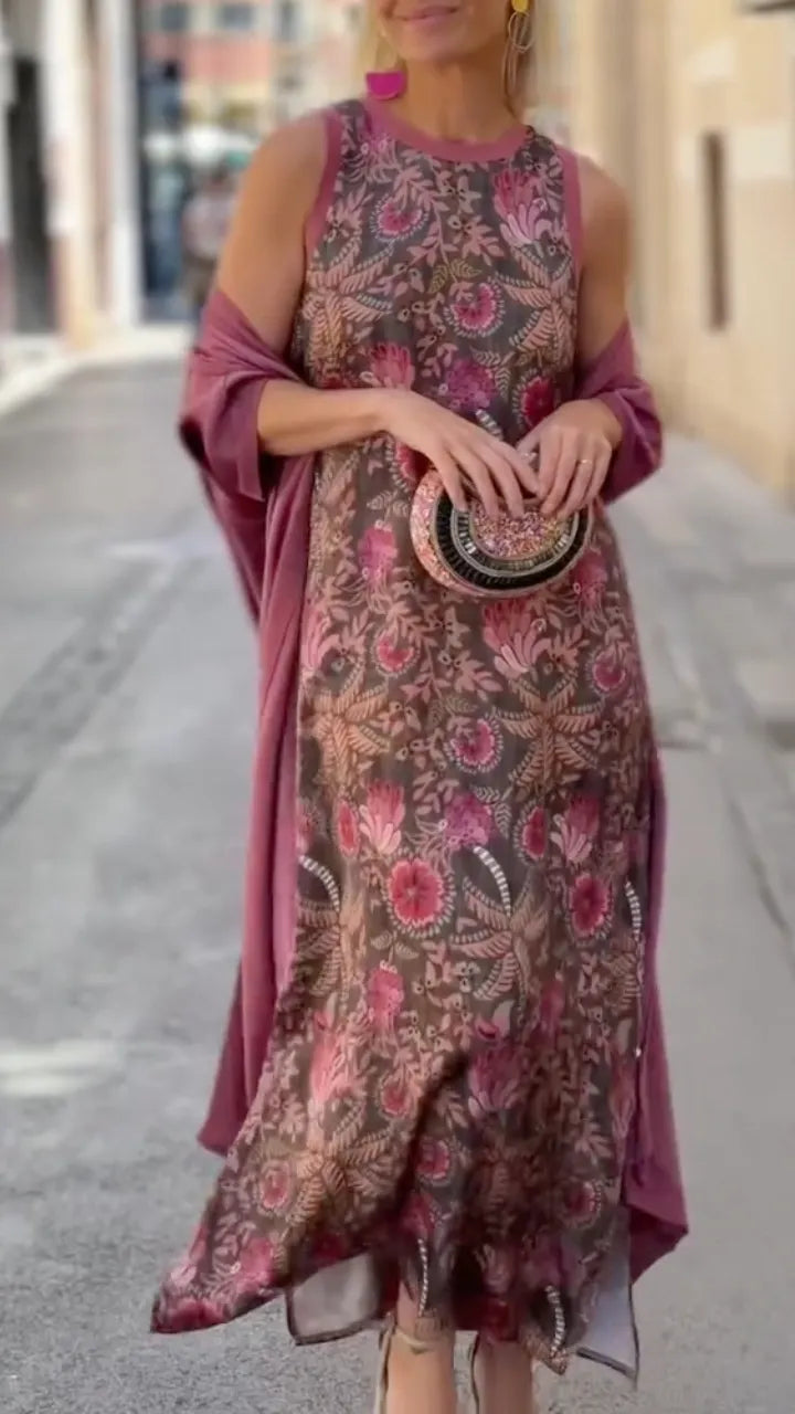 Women's Vintage Round-Neck Dress & Solid-Color Satin Cardigan Set