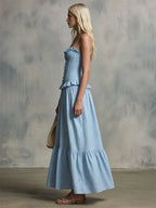Casual Retro Blue Striped Sleeveless Loose-Fit Ruffled Cotton Maxi Dress