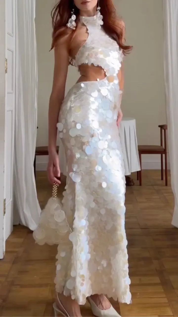Scale Sequin Halter Cutout Mermaid Maxi Gown