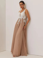 Apricot Lace Prom Dress V Neck Sleeveless A-Line Maxi Mother of the Bride or Groom Dress