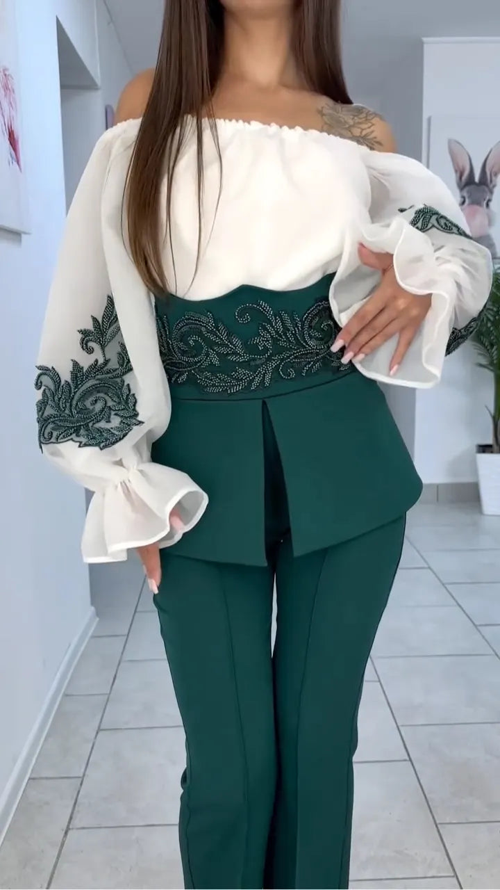 Off Shoulder Embroidered Top & Dark Green Peplum Flare Pant Two Piece Outfit