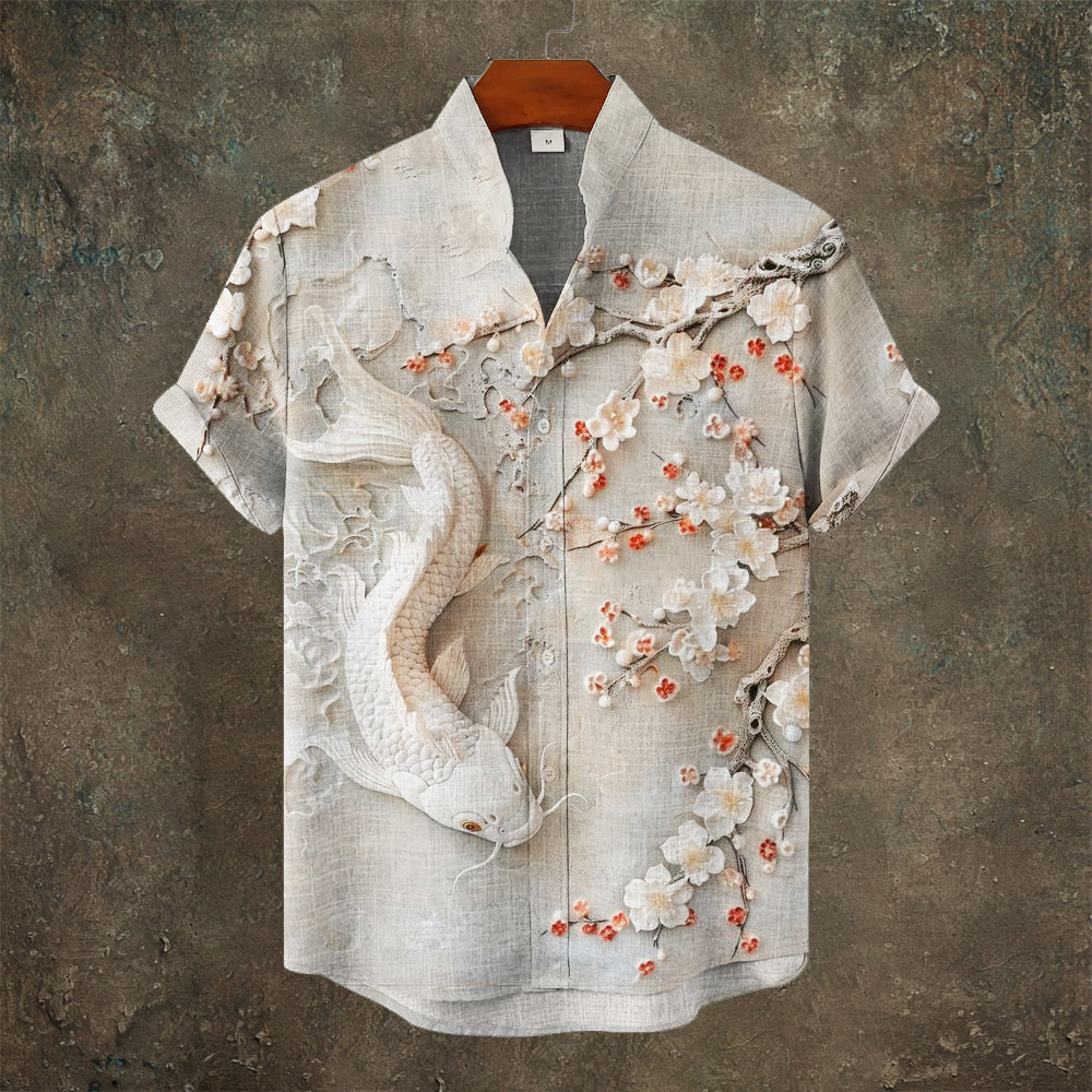 Japanese 3d Carp & Flower Men's Linen Short Sleeve Shirt