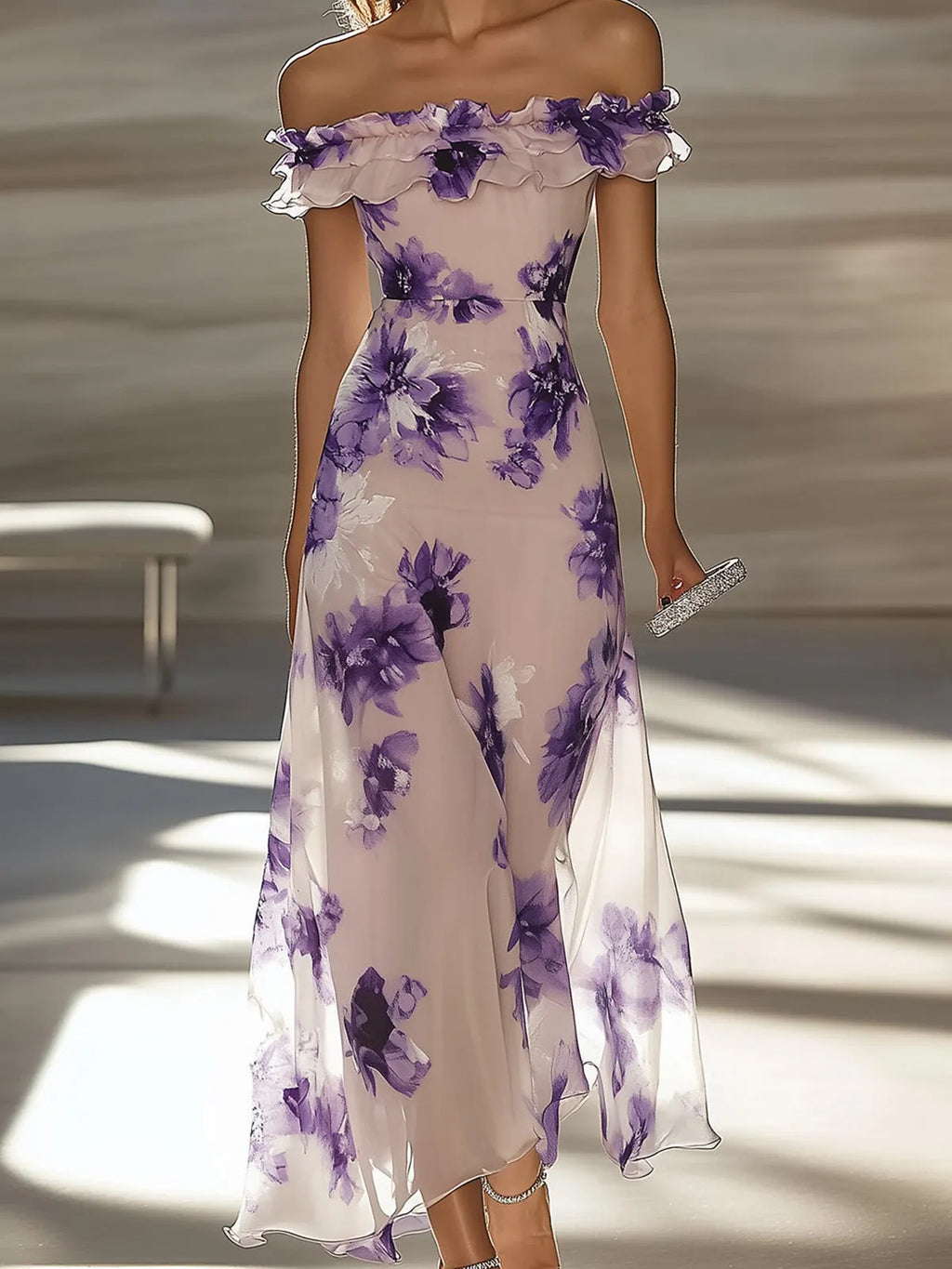 Elegant Off-the-Shoulder Chiffon Floral Dress