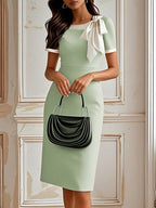 Black Bow Short Sleeve Sheath Midi Dress