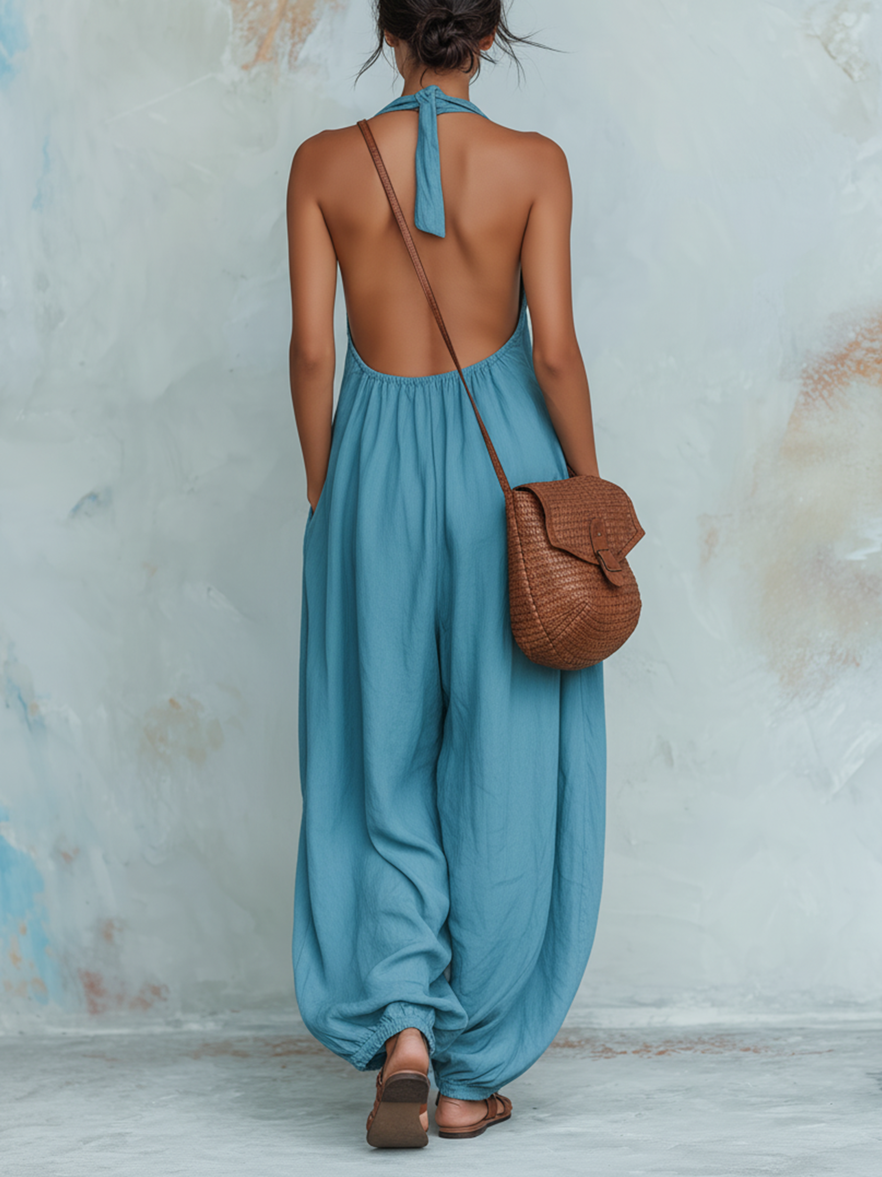 Blue Halter Neck Keyhole Wide Leg Jumpsuit