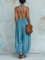 Blue Halter Neck Keyhole Wide Leg Jumpsuit