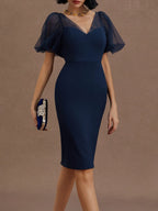 Purplish Blue Mesh Classic V Neck Short Sleeve Puff Sleeve Sheath Midi Dress