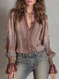 Boho Paisley Sheer Blouse With Lace Cuffs