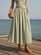 Maxi Linen Dress, Sleeveless, Round Neck, Plain, French Vintage, Green