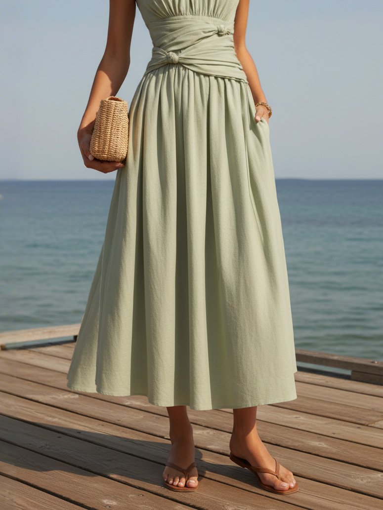 Maxi Linen Dress, Sleeveless, Round Neck, Plain, French Vintage, Green