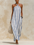 Nautical Striped Halter Maxi Dress - Breathable Linen-Blend Resort Wear