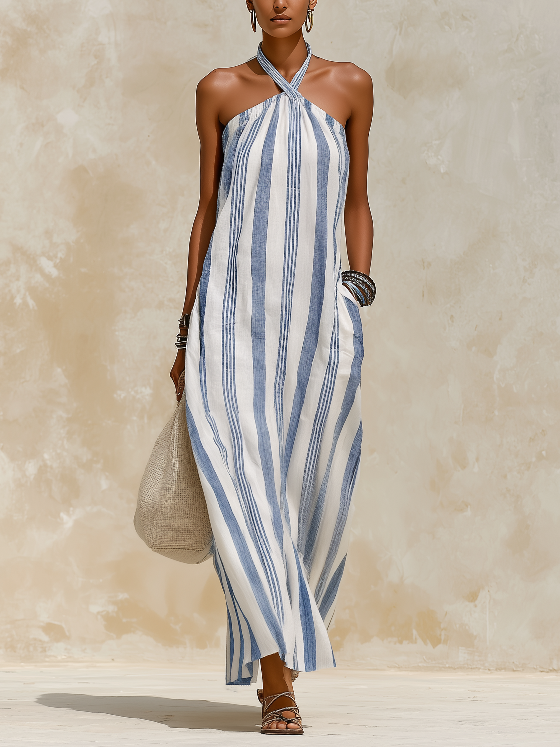 Nautical Striped Halter Maxi Dress - Breathable Linen-Blend Resort Wear