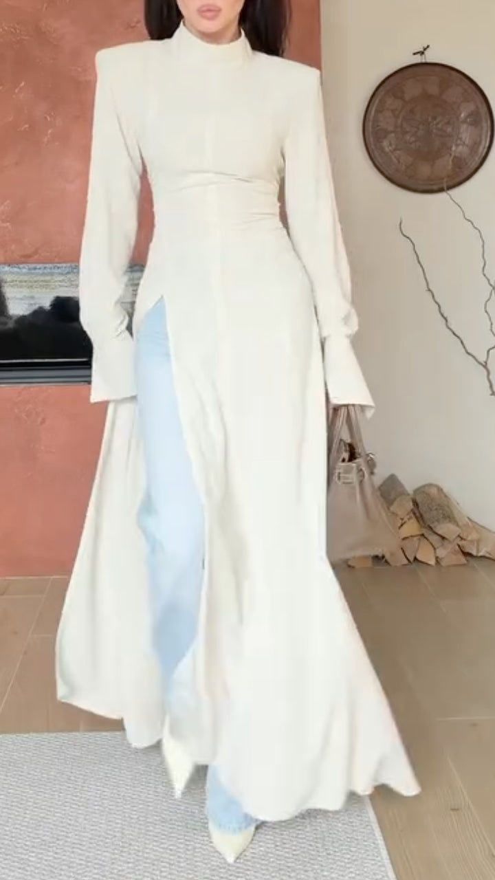 Stand Collar Shoulder Pad Long Sleeve Slit Maxi Tunic Top
