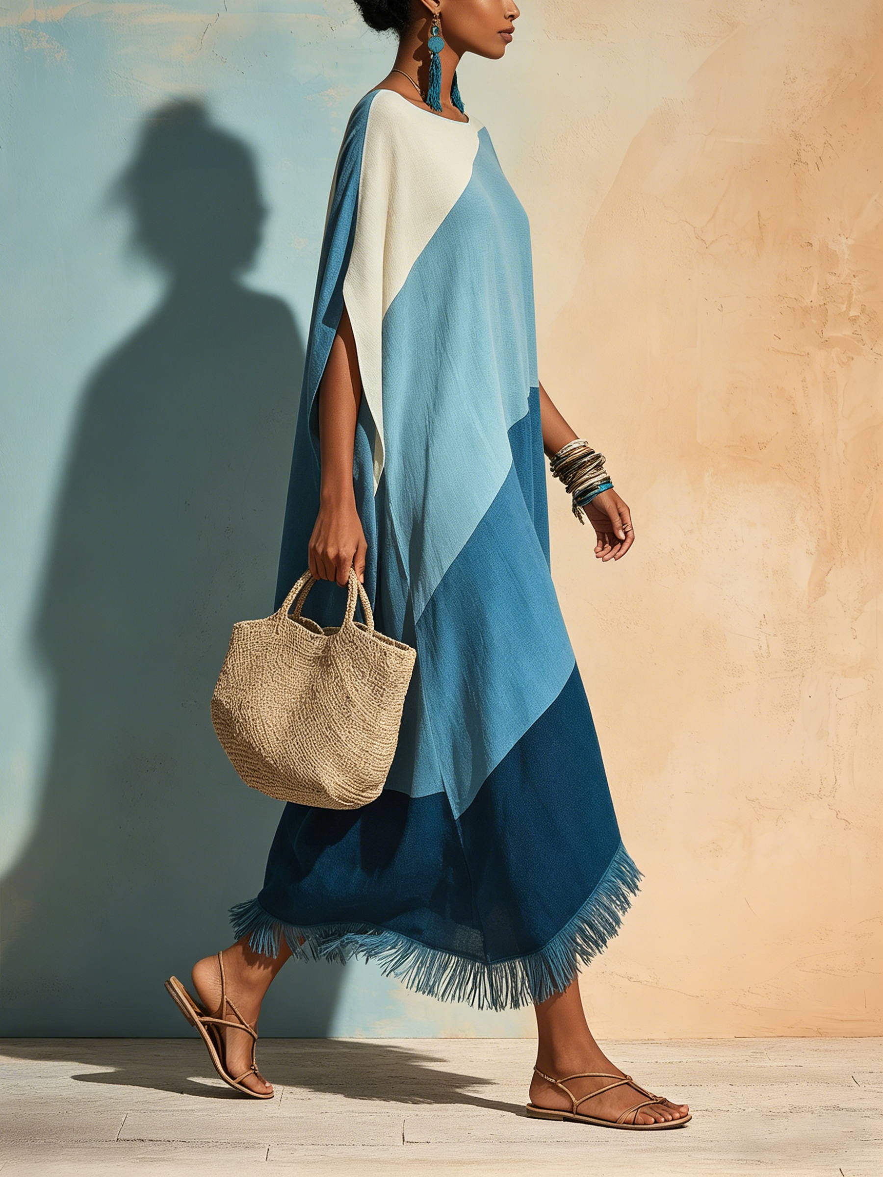 Color-Block Fringe Caftan Maxi Dress