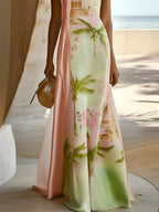 Green Floral Satin Halter Neck Sleeveless A-Line Gown Dress