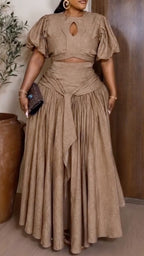 Taupe Linen-Blend Cropped Top & Wrap Maxi Skirt Two-Piece Set