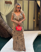Wild Animal Print V-Neck Ruffle Split Maxi Dress