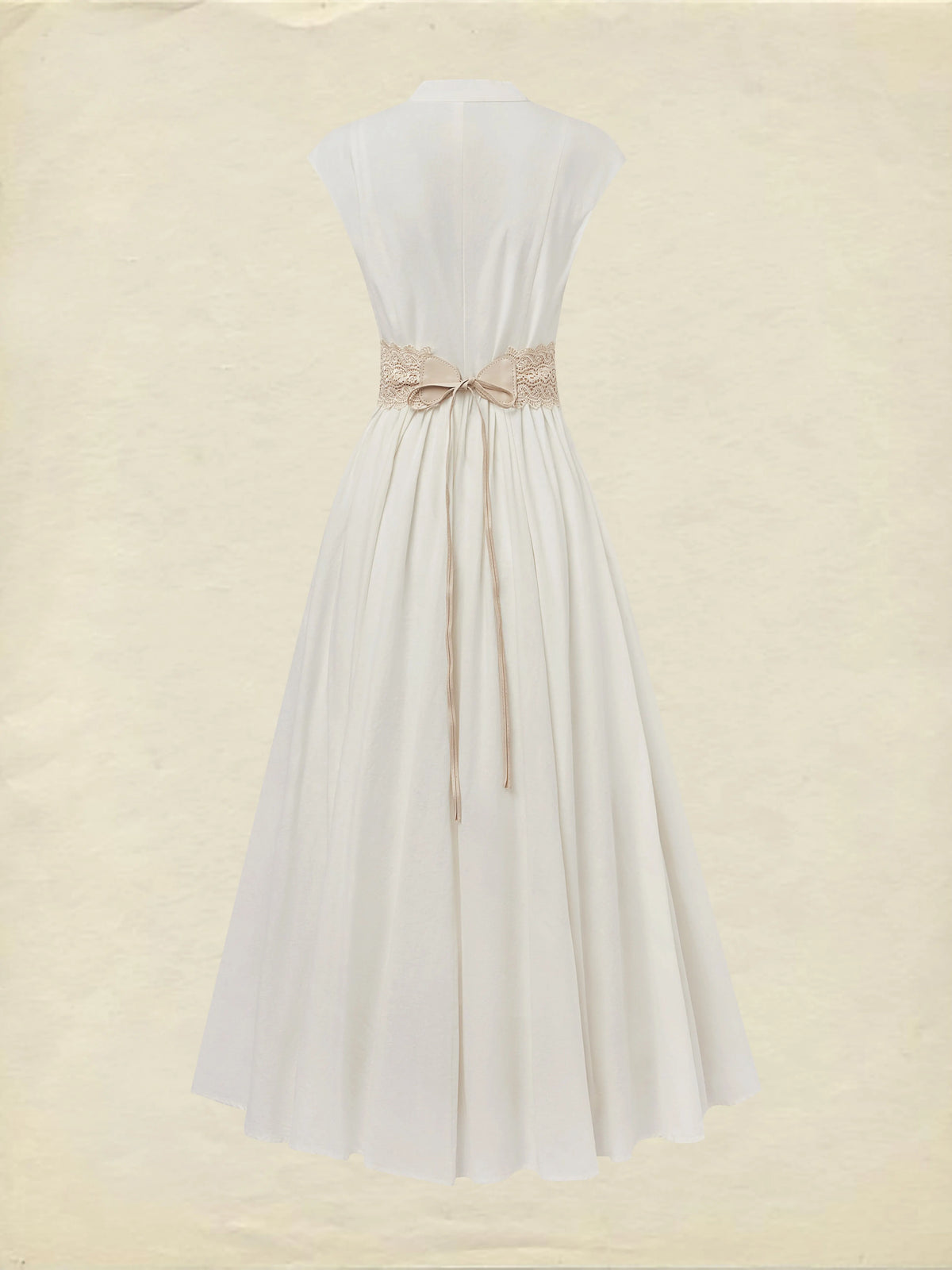 Maxi Linen Dress , Cap Sleeves, V Neck, Plain, Lace, Vintage, White