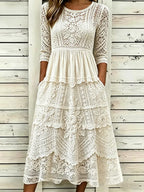 Elegant Floral Lace Embroidery Art Cozy Linen Maxi Dress